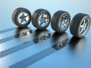 3d rendered illustration of four car wheel making tire track